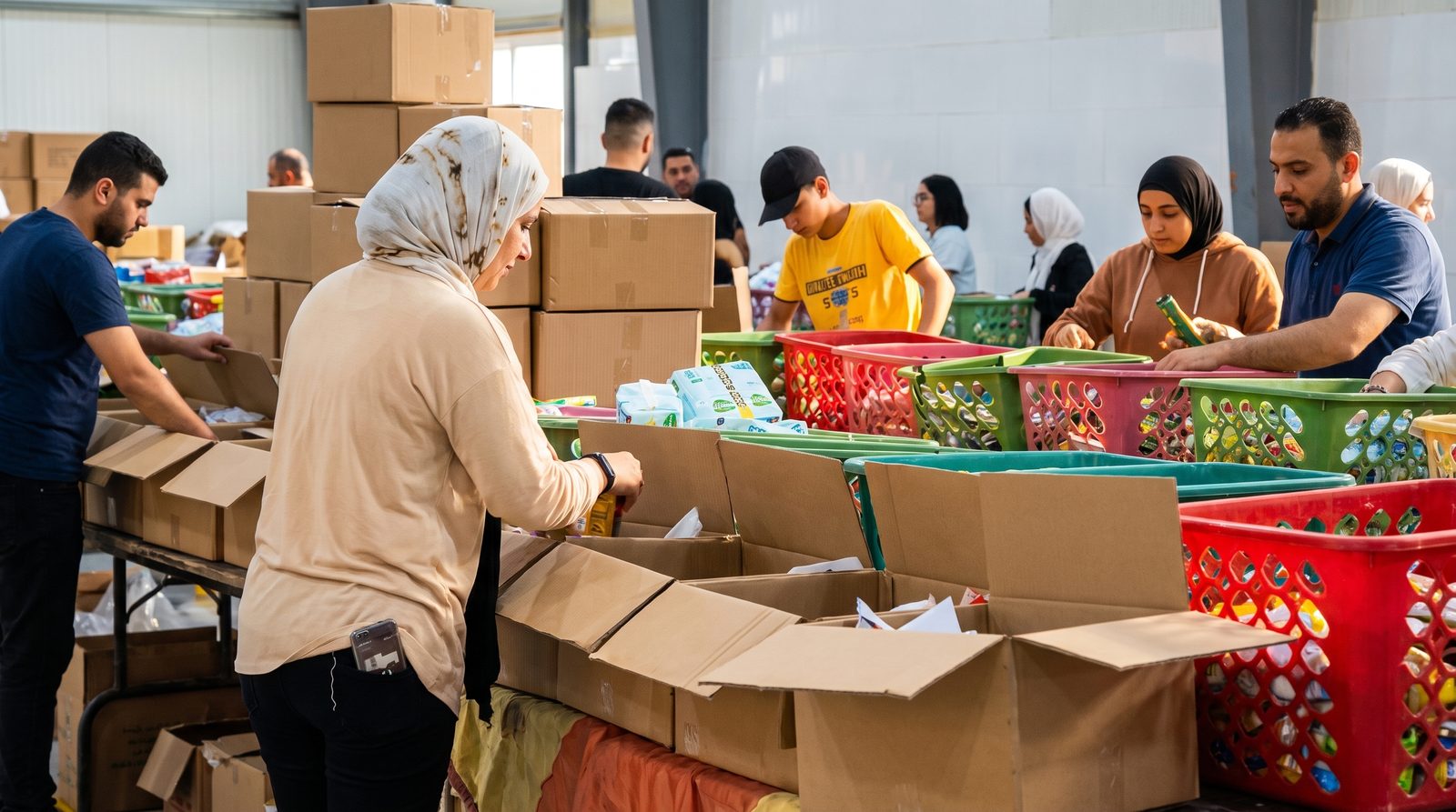 Community packing station for relief supplies