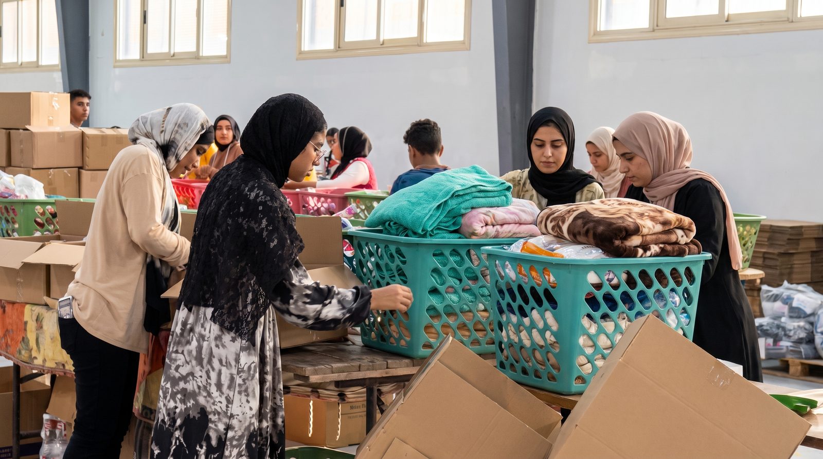 Team packing humanitarian relief kits in warehouse