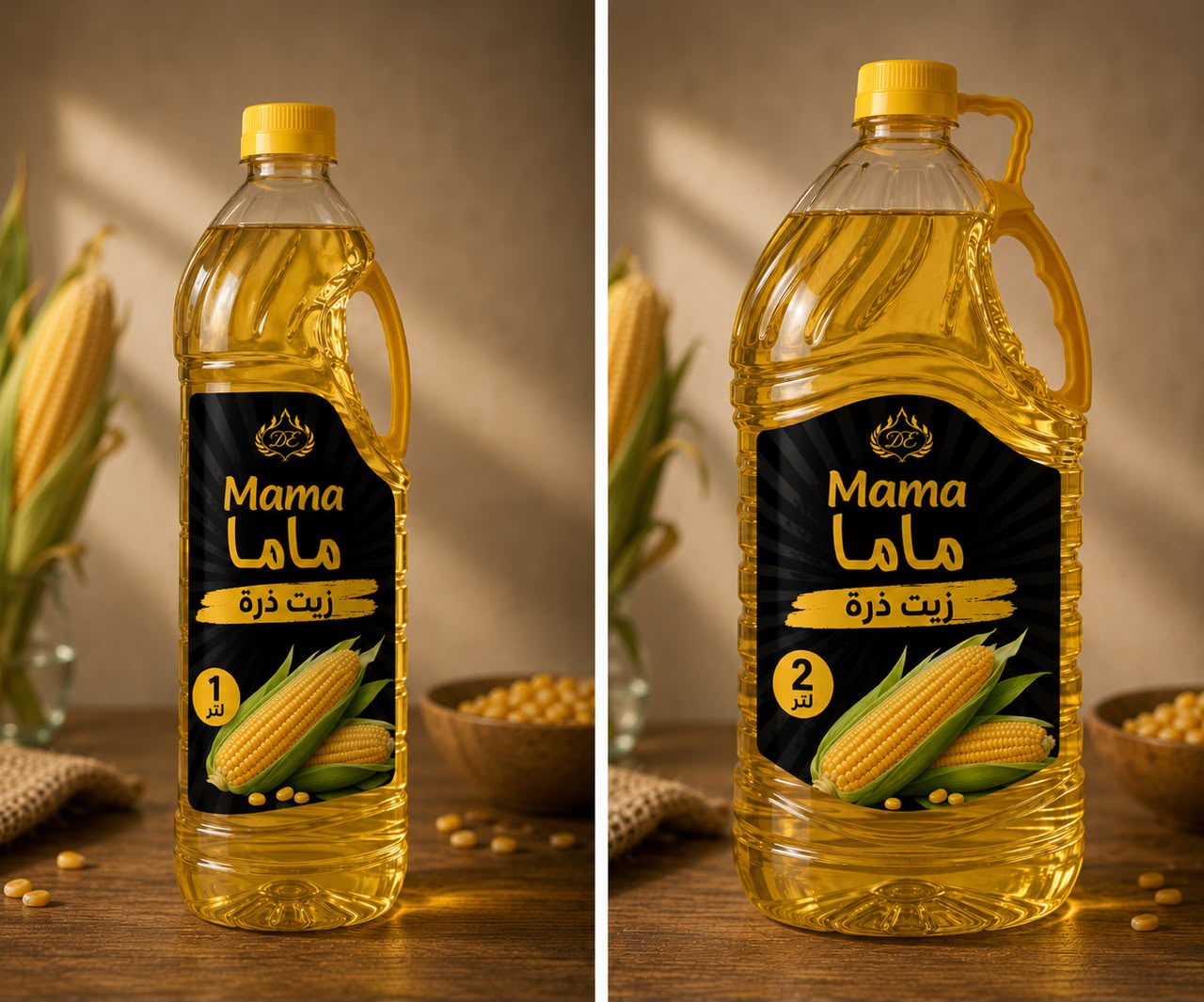 Mama Corn Oil 1 liter and 2 liter bottles