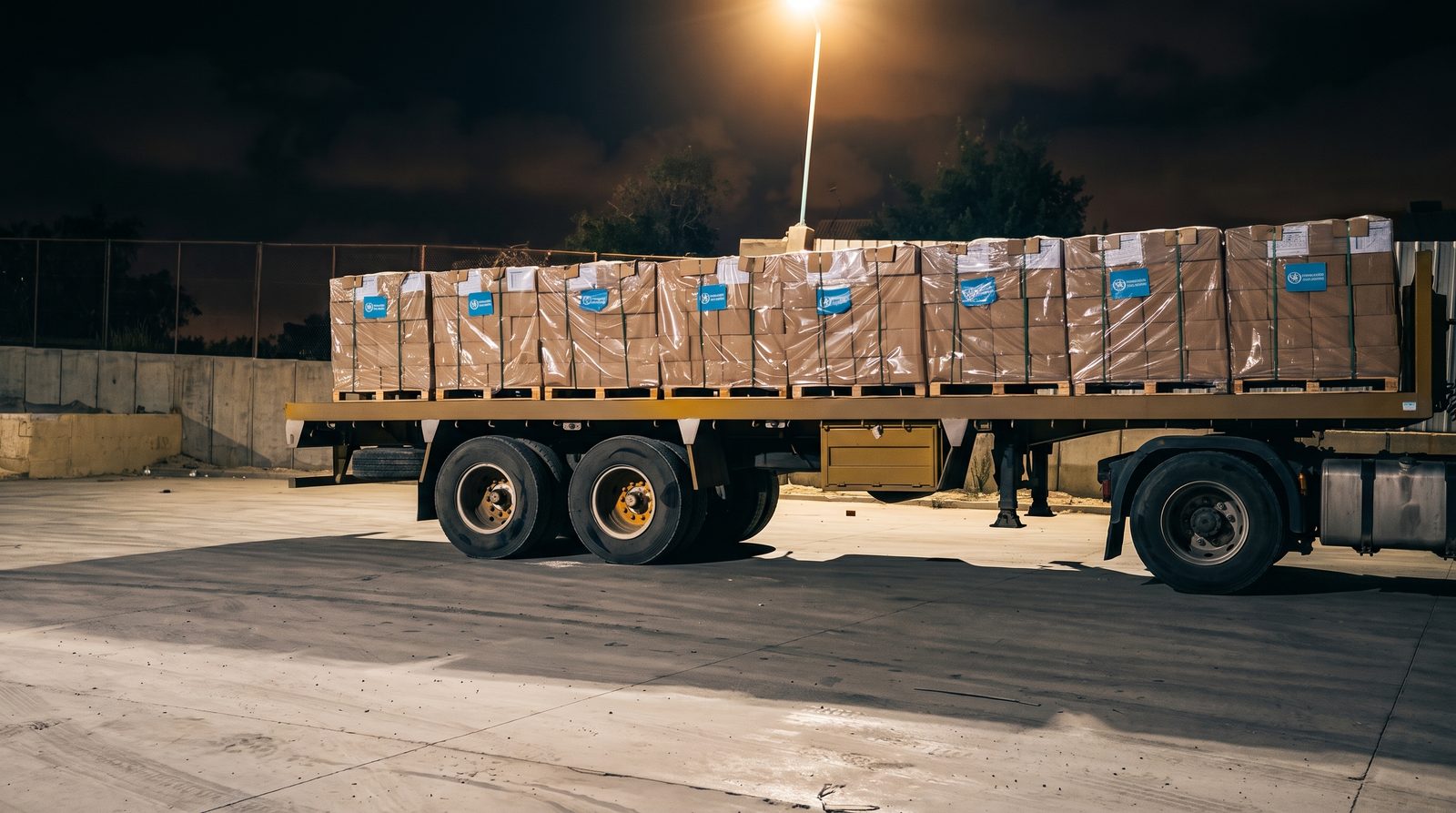 Night flatbed truck delivery of palletized goods