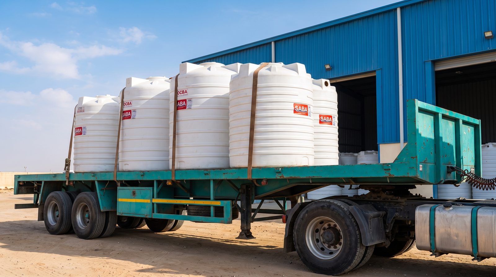 Water storage tanks transported on flatbed truck